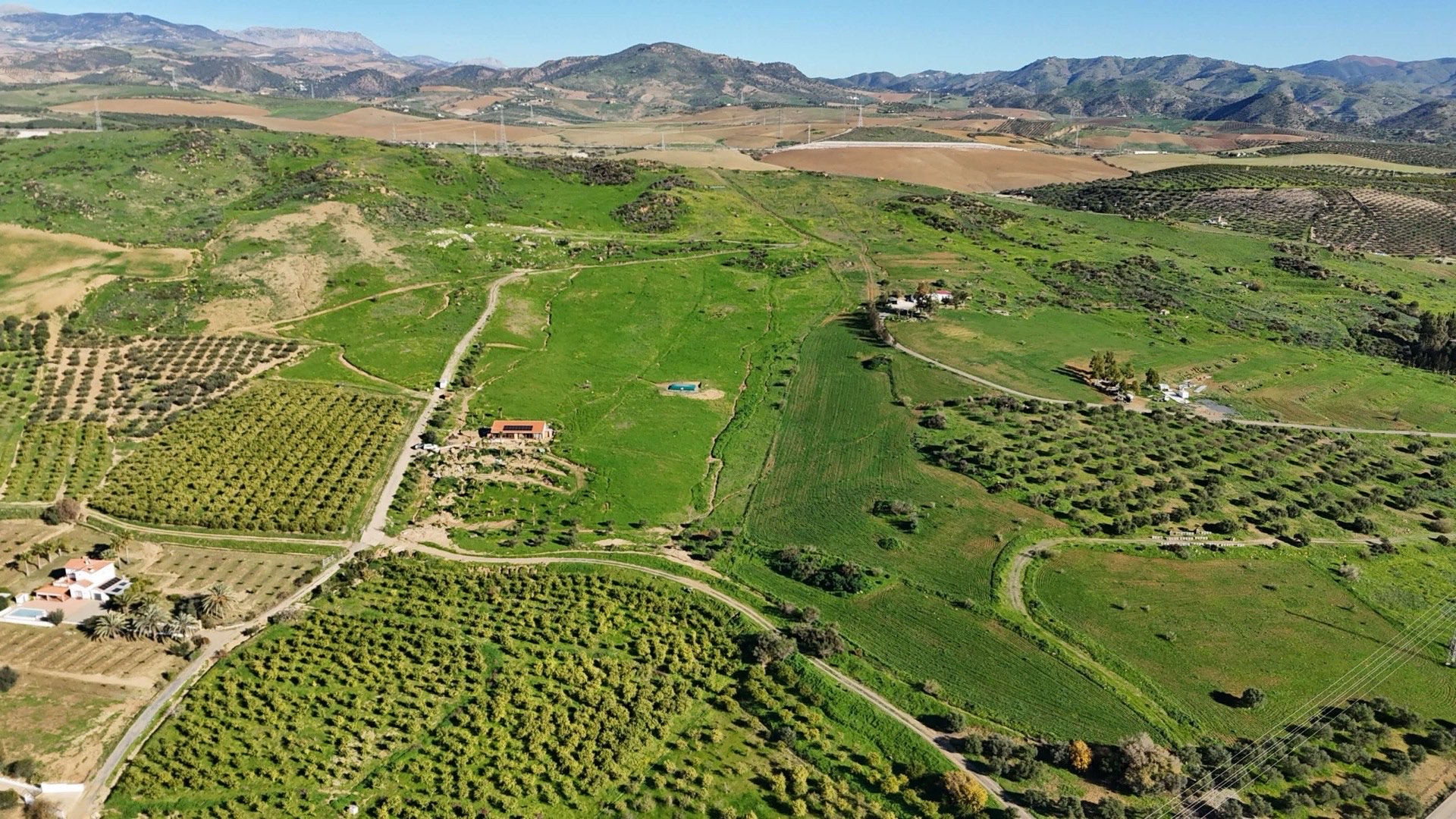 Vista aérea de la finca de San Miguel: olivares, huerta y el valle del Guadalhorce entre montañas de Málaga.